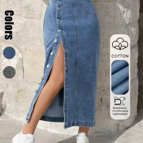 Women's High Waist Denim High Slit Split Button Skirt, Casual Fitted Skirt, Casual Everyday Versatile Fit Half-Length Dress for All Seasons, Comfortable and Stylish, Breathable, Womenswear, Denim Material Skirt, Skirt with Slit