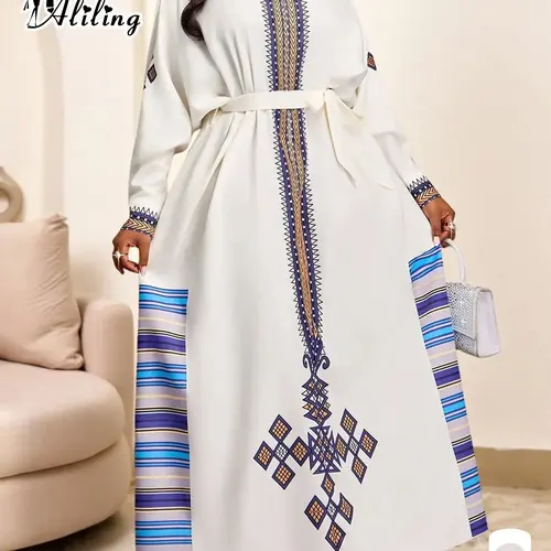 Elegant Geometric Print Women's Dress, V Neck Long Sleeve Self-Tie Belt Dress, Casual Loose-Fitting All-Season Fashion Womenswear, Tie Waist Dress