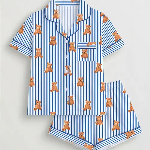 Women's Bear Print Pajama Set, Short Sleeve Button-Up Top & Elastic Shorts, Casual All-Season Sleepwear, Comfortable Home Wear, Loungewear, Striped Print Pajama