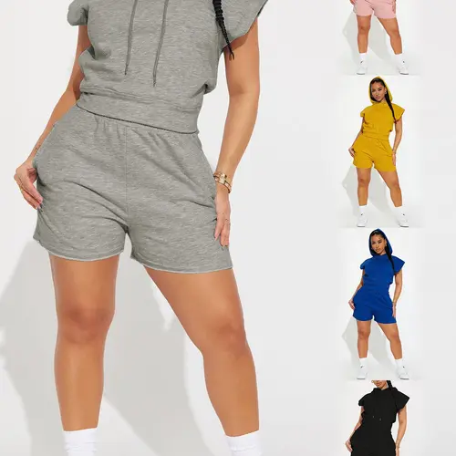 Women's Spring Summer Fashion Casual Basic Plain Hoodie Set Two-Piece, Adjustable, Drawstring Design, Elastic Waist, Short Sleeve, Regular Length, Suits, Womenswear, Clothes