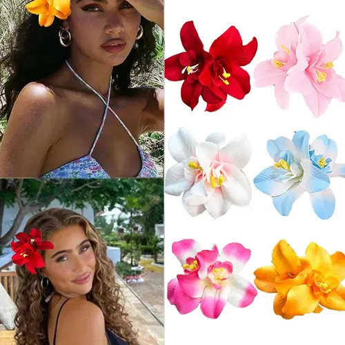 6-Piece Set of Large Floral Hair Clips for Women, Colorful Tropical Hawaiian Artificial Gerbera Daisy Barrettes, Boho Hair Accessories