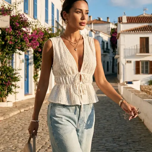 Women's Summer French Textured V Neck Sleeveless Vest, Waist Cinched Tie Hem Ruffle Vacation Top, Casual Loose Fit Blouse, Casual Blouse Shirts, Casual Elegant Top, Casual Classy Fashion, Womenswear