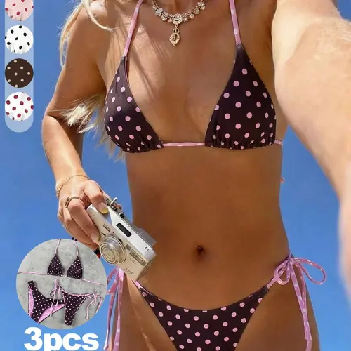 3pcs New Arrival Spring & Summer Bikini Set, Fashionable Swimsuit, Bikinis Set, Swimsuits Set, Fashion Sexy Polka Dot Print Swimwear, Casual Elegant Swimsuit for Beach, Beachwear Swimsuit