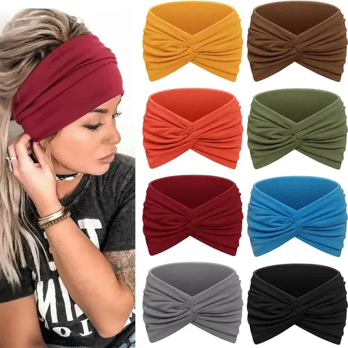 8PCS Women's Fashion Hairbands, Boho Retro Solid Color Hairbands, Sweat-Wicking Workout Headbands for Yoga, Running, and Daily Wear, Elastic Fashion Headbands
