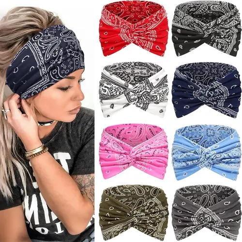 8PCS women's printed headband, retro headband with multiple color combinations, yoga, running sweat absorbing headband, daily wear.