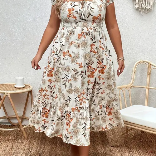 Plus Size Floral Print Split Thigh Tie Front Dress, Boho Bohemian Puff Sleeve Square Neck High Waist A Line Dress for Summer, Women's Clothes for Beach Holiday Vacation, Casual Wear, Womenswear, Bohemian Boho Fashion, Bohemian Aesthetic