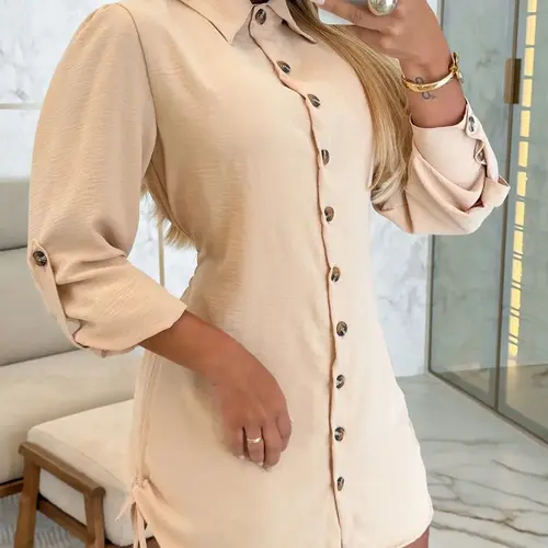 CHICME Women's Button Down Shirt Dress Roll Tab Sleeve Side Drawstring Mini Dress