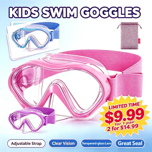 Aegend Unisex Kids' Swimming Goggles - Adjustable Fit Pool Swimming Goggles with Tempered Glass Polycarbonate Anti-Fog Wide-View Lens, Silicone Skirt Seal, Nose-Friendly Cover, Impact-Safe Film, Tight-Fitting Snorkel Accessory