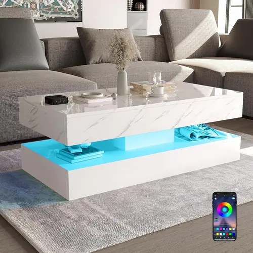 LED Coffee Table with 2 Storage Drawers, Modern High Gloss White Coffee Table  LED Lights, 2 Tiers Rectangle Center Table for Living Room with Marbling Print,dorm essentials,home decor