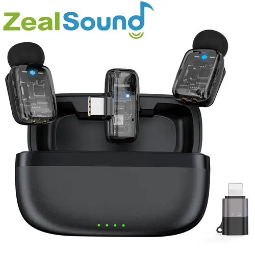 ZealSound M6Z Mini Wireless Lavalier Microphone - Rechargeable, Noise Cancellation, 33H Battery Life, Multi-Device Receiver, USB-C/Lightning Connectors for Phones, PCs, iPads, ABS Compact Adapter, Complete Creator Kit for Youtubers, Podcast Setup