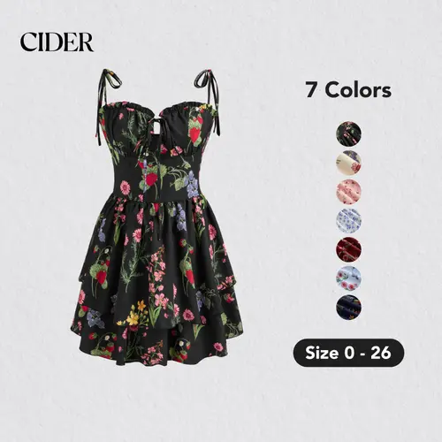 Cider [7 colors, size 0-26] Woven Floral & Fruit Ruffle Hem Knotted Layered Mini Dress SohoChic