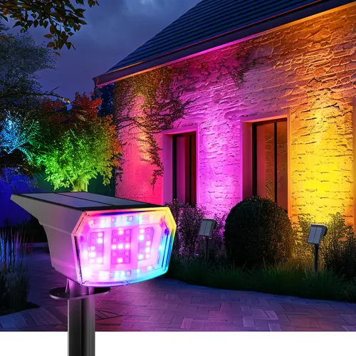 #sohochic 63 LED RGB Solar Spot Lights, IP65 Waterproof, 9 Lighting Modes, Solar Flood & Spot Lighting for Halloween Decorations, Outdoor Wall Light for Summer Garden Christmas, Solar Lights Flood & Spot Lighting