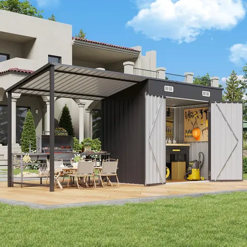 【2 Boxes Shipped At Different Times】Aoxun 2-in-1 Metal Outdoor Storage Shed & Hardtop Gazebo Combo – 6x4ft Lockable Garden Tool Shed with 12x4ft Open-Sided Pergola, Durable Patio Shelter for Backyard, Deck & Generator