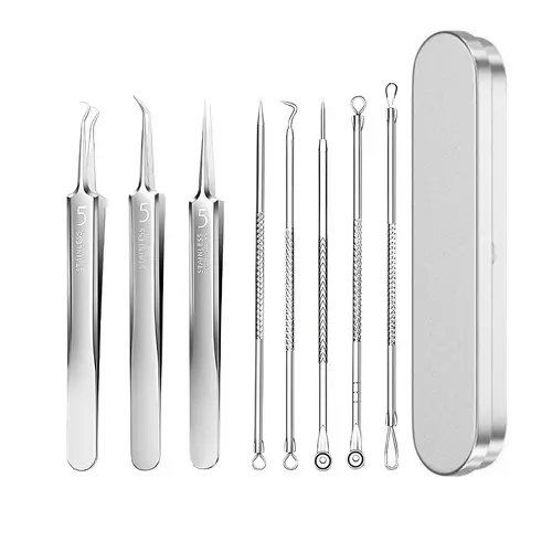 ONENIGHT 8PCS Blackhead Remover Tool Kit, Stainless Steel Pimple Popper Extractor Set, Professional Acne Blemish Removal Tools with Tweezers for Blackheads, Whiteheads, Ingrown Hair, Pore Cleaner for Nose, Face & Skin Care
