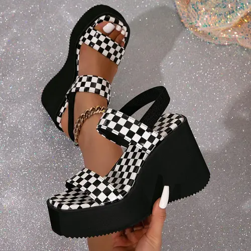 Women's Checked Pattern High Heel Platform Chunky Heels Sandals, Trendy Stylish Slip-On Wedge Sandals, Chic Versatile Shoes for Daily Wear