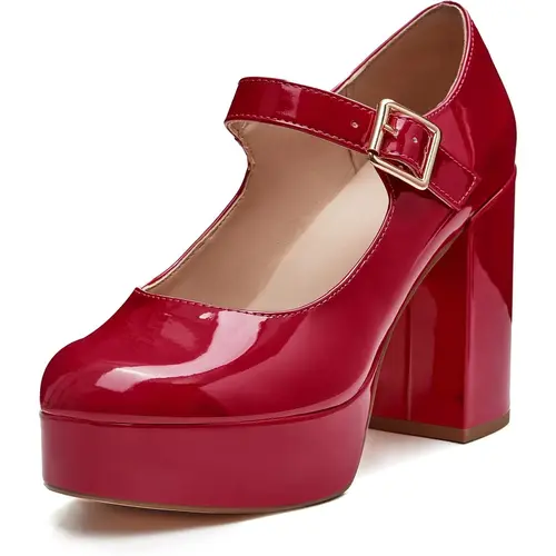 Coutgo Women's Classic Mary Jane Shoes, Patent PU T-Strap Walking Pumps with a Chunky Platform Heel and Round Toe, Fashion Shoes, Footwear, Heels, Casual Wear, Chunky Heel,back to school,back to school haul