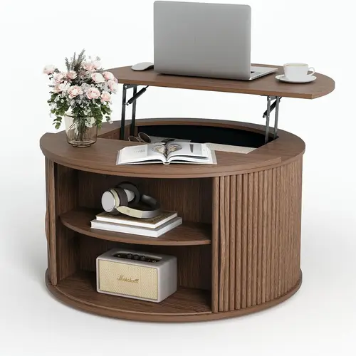 31.5" Round Wood Pedestal Circle Coffee Table - Mid-Century Modern Walnut Center Table with Sofa Meal Lift, Hidden Blanket Stowaway, Fluted Drum Shape for Small Living Rooms