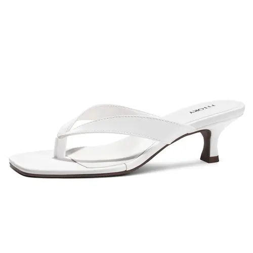 FITORY Women's Elegant Square Toe Low Heel Flip Flops - Slip-On Polyurethane Sandals for Dressy Casual Use (White), Kitten Heels, Chic