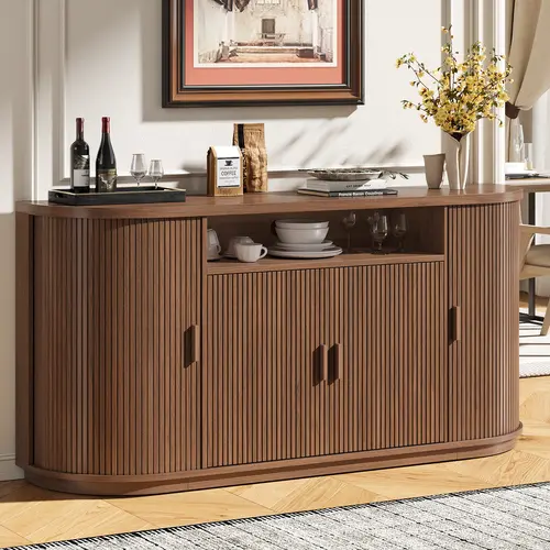 【SummerFinds】ONBRILL 63" Mid Century Modern Fluted Sturdy Sideboard Buffet Cabinet - Home Decor Storage Furniture with Sliding Doors, Drawers, Adjustable Shelves for Kitchen, Living Room,dorm essentials