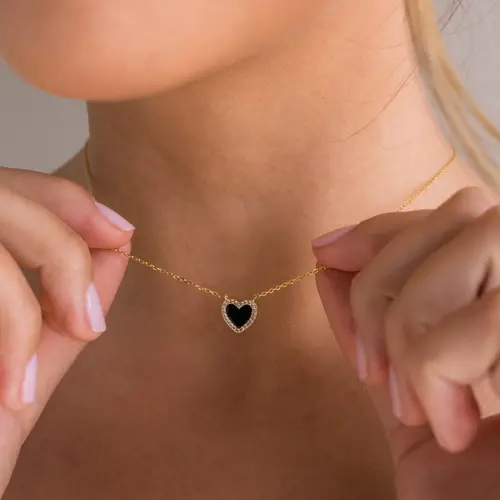 Pave Onyx Heart Necklace by Caitlyn Minimalist - Dainty 18K Gold Plated Charm Necklace - Black Cubic Zirconia Puff Heart Necklace - Gift for Her