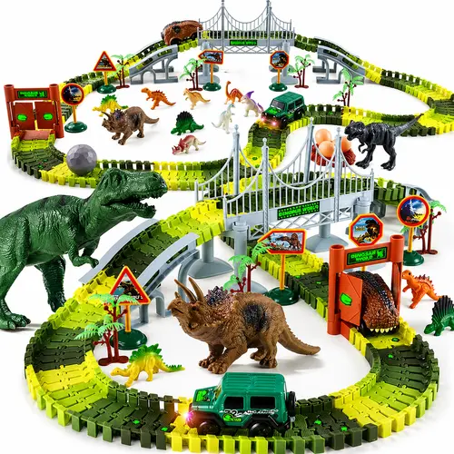 Dinosaur Track Set for Kids, 215 PCS Flexible Dinosaur Race Track Toy with Dinosaur Figures, Track Car, Gates, Signs & Trees, Jurassic Adventure Playset for Boys Girls