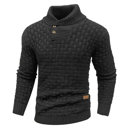 Zaitun Men's Slim Fit Twist Textured Patched Shawl Collar Knitted Sweater - Knit Top, Casual Long Sleeve Business Clothing, Stretch Fabric, Ribbed Cuffs, Button Detail, Ideal for Fall/Winter Everyday/Dinner Wear, Hand Wash, Do Not Bleach, Christmas Gift