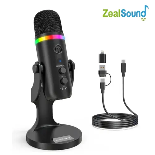 ZealSound K66 Pro RGB Microphone, Noise Cancellation Condenser mic with Touch Mute/Gain/Echo/Monitoring, RGB Light for iPhone/iPad/Streaming/Podcast/Twitch/YouTube/Discord/PC/Computer/PS4/PS5/Mac/laptops/tablets/Smartphone streaming ASMR equipment, Stream