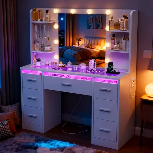 summergarden Modern White LED Lighted Makeup Vanity Desk - Sturdy Compact Indoor Furniture with Glass Top, RGB Lights, Power Outlet, Adjustable Mirror, Storage Drawers, Room Decor for Girls' Grooming, Bedroom Decor,dorm essentials,home decor campingessent