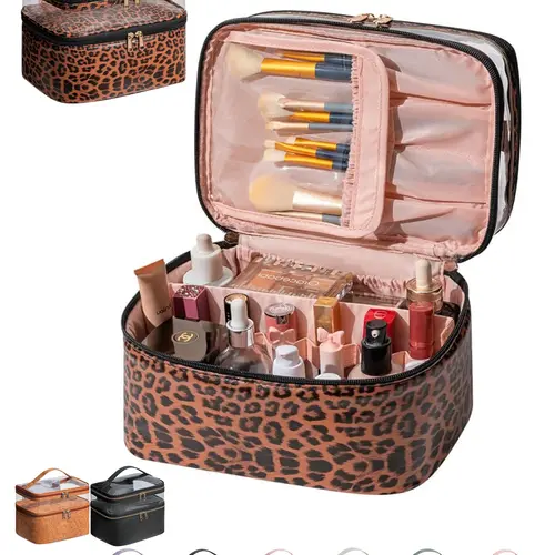 Large Makeup Bag with Brush Storage, Double Layer Cosmetic Bags for Women Girls, vanity bag, Cosmetic Pouch, Waterproof Leather Toiletry Bag for Women, Travel Makeup Bag Skincare Bag with Zipper & Portable Handle, Makeup Organizer Bag