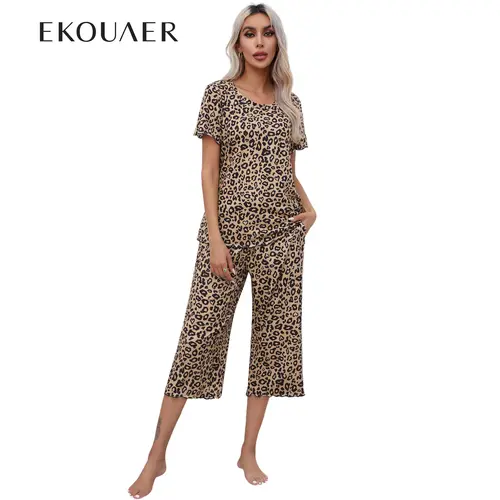 Ekouaer Women's Leopard Animal Print 2-Piece Pajama Set - Short-Sleeved Top, Cropped Pants, Casual Soft Comfortable Cute Pajamas & Darling Loungewear for Spring Autumn, Two Piece Set, Pj Sets For Women