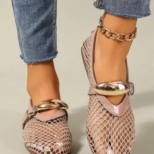 Women's Mesh Ballet Flats, Round Toe Breathable with Metal Buckle, Mary Jane Style for Casual & Office Wear, Casual Flat Shoes