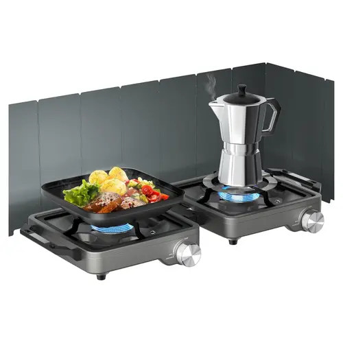 Foldable 2-Burner Propane Camping Stove (27000 BTU) - Outdoor Cooking Equipment with Windshield, Carry Bag, Easy Setup, Stainless Steel, Easy Maintenance for Camping, BBQ