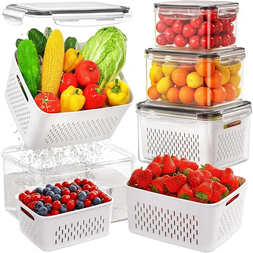 Freshmage 4pcs Small Plastic Kitchen Fruit Storage Containers with Removable Colander, Airtight Lid, Stackable Dishwasher-Safe Produce Saver for Refrigerator, Food Storage