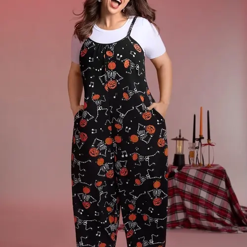 BloomChic Women's Pumpkin Skeleton Pajama Jumpsuit - Sleeveless Cami Lounge Romper, Soft Halloween Sleepwear, Relaxed Fit Home Outfit,Summerfinds