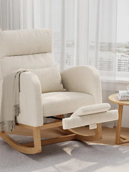Modern Rocking Chair for Living Room, Bedroom & Nursery – High Back Soft Fleece Glider Armchair, Comfortable Seat with Pillow, Side Pockets, Supportive Nursing Chair – Lamb Fleece Upholstery  With Footrest