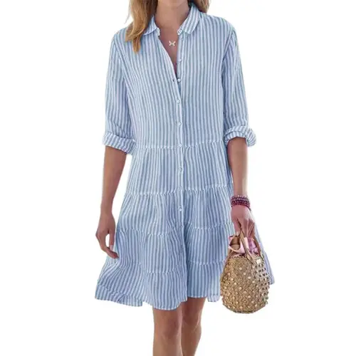 Chouyatou Lady's Pure Cotton Striped Long-Sleeved Midi Garment - Casual Wear, Chic Loose Tiered Button-Down Shirt Dress, Long Sleeve, Women's Clothes, Loose Fit, Lightweight, Soft