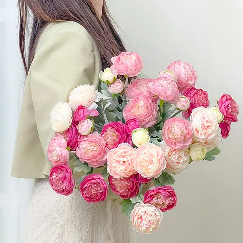 【Back to School】molilito Premium Silk Ranunculus & Peony Eternal Flower Bouquet - Pink, Cream White, Dusty Blue, with Boxes, for Wedding Bridal, Bedroom & Entryway Decor, Realistic Faux Gift Blooms