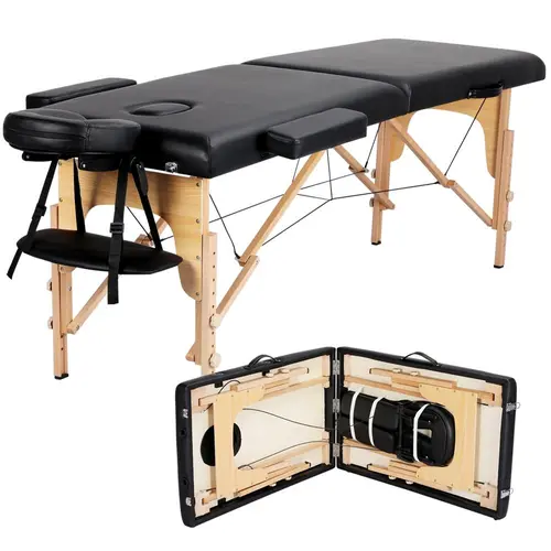 Costoffs Professional Foldable 2-Section Beech Wood-Foam Massage Bed, Heavy-Duty Salon Furniture with Ergonomic Adjustable Headrest-Cradle, Armrests, Legs, 8 Height Settings, 551.2 lb Capacity, 84x32.3x25.2-33.7 in Portable Grooming Table for Therapists