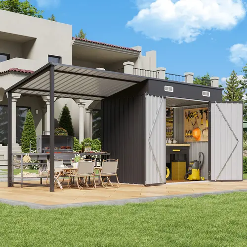 Aoxun 2-in-1 6x4FT Outdoor Storage Shed & Hardtop Gazebo Combo, 12x4FT Metal Lean-to Shed with Open-Sided Pergola, Adjustable Canopy Outdoor Canopy Shelter for Backyards, Gardens Grilling