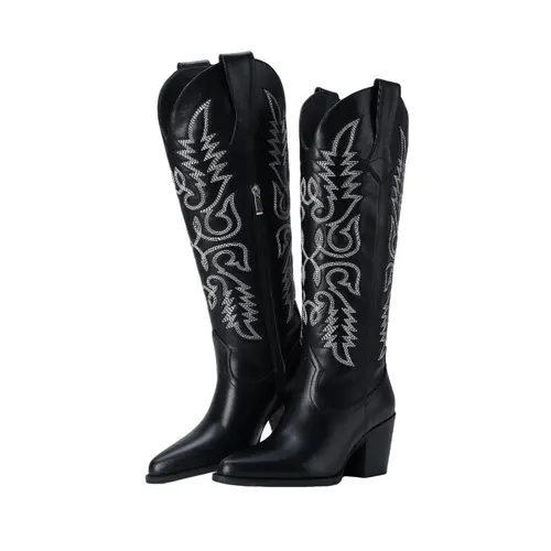 Women's Western Cowboy Boots Embroidered Mid Calf Pointed Toe Chunky Heel Fashion Cowgirl Boots