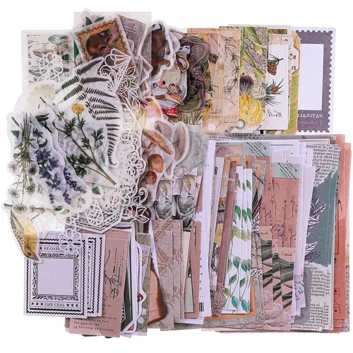 260-Pack Vintage Scrapbooking Stickers & Paper Art Kit, DIY Nature Antique Craft Supplies for Mixed Media Collages, Decoration & Art Journaling (Office Stationery Labels)