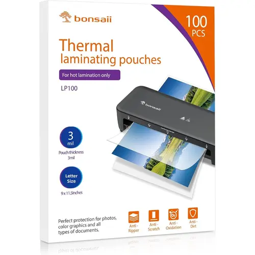 Bonsaii Durable Plastic Thermal Laminating Pouches - 100 PCS, 3mil Thickness, Letter Size (9inx11.5in/216x303mm), Transparent View, High Clarity, for Office Use, Compatible with All Laminators