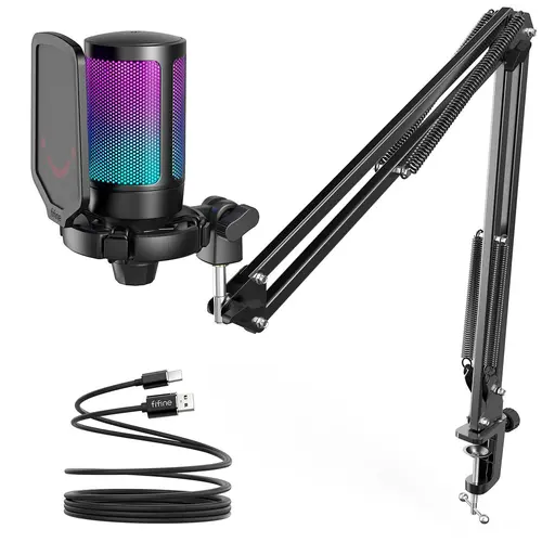 Fifine A6T USB Type-C Gaming Condenser Microphone Kit with RGB Lights, Adjustable Boom Arm, Pop Filter, Mute Button - Windows Streaming Equipment for Content Creators, PC, PS4/5 Audio Accessory