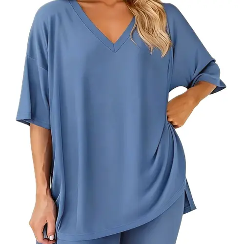 PHEFEE Women's 2-Piece Light Chic Lounge Set - Oversized V-Neck Half-Sleeve Tunic Top, Spandex-Polyester Biker Shorts Matching Casual Summer Activewear Tracksuit