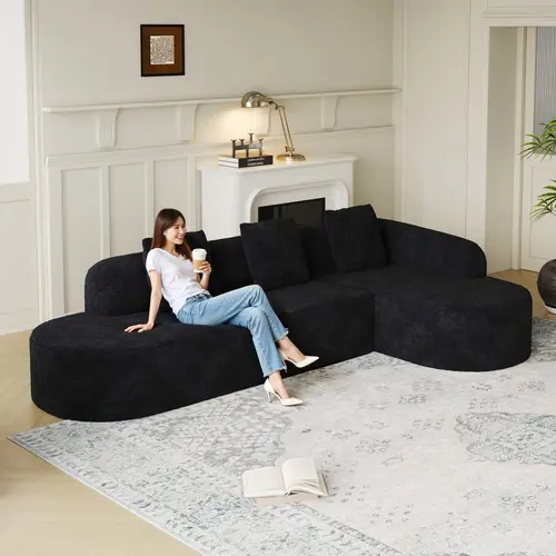 Niccae 2-Pack 111.8-in L-Shaped Curved Modular Sofa, Modern Upholstered Couch with Chaise, Lychee-Textured Long-Pile Polyester Fabric, Curved Backrest, 3 Cushions for Living Room