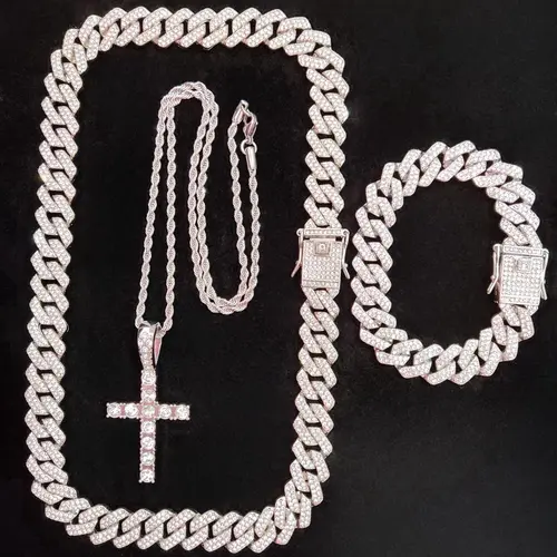 Rhinestone Cross Pendant Chunky Chain Necklace & Bracelet for Women & Men (3counts), Matching Jewelry Set, Fashion Jewelry for Parties & Daily Wear, Ideal Birthday Gift, Charm Necklace