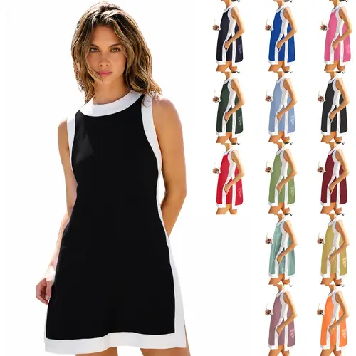 Buenoble Women’s Color-Block Sleeveless Mini Dress with Shorts underneath – Casual Loose Summer Vacation Outfit, 2-Piece Set with Pockets