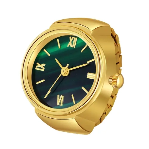 Women's Gold-Tone Novelty Finger Watch - Green Roman Numeral Dial, Water Resistant Analogue Quartz Movement, Adjustable Elastic Band, Casual Trendy Wristwatch, Built for Daily Wear, Valentine’s Day Fashion Accessory