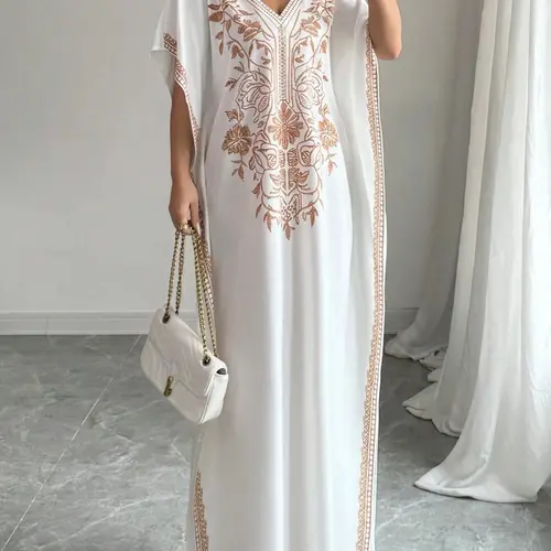 Women's Casual V-Neck Batwing Sleeve Dress, Bohemian Aesthetic Ethnic Pattern Loose-Fit Long Dress for Beach Vacation and Daily Home Wear