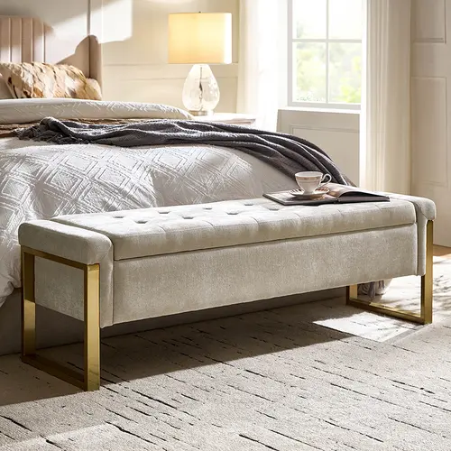 HULALA HOME Flora Modern Upholstered Flip Top Storage Bench Button Tufted Top Sturdy Metal Frame Gunmetal Finish End Of Bed Bench For Living Room Bedroom And Entryway